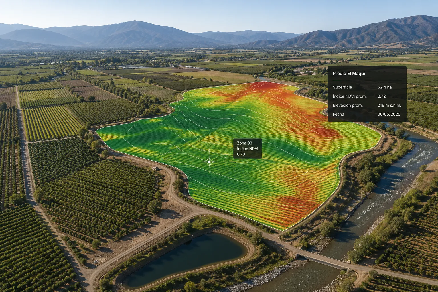 Agricultura de precisión: análisis multiespectral NDVI de un predio agrícola registrado con dron.