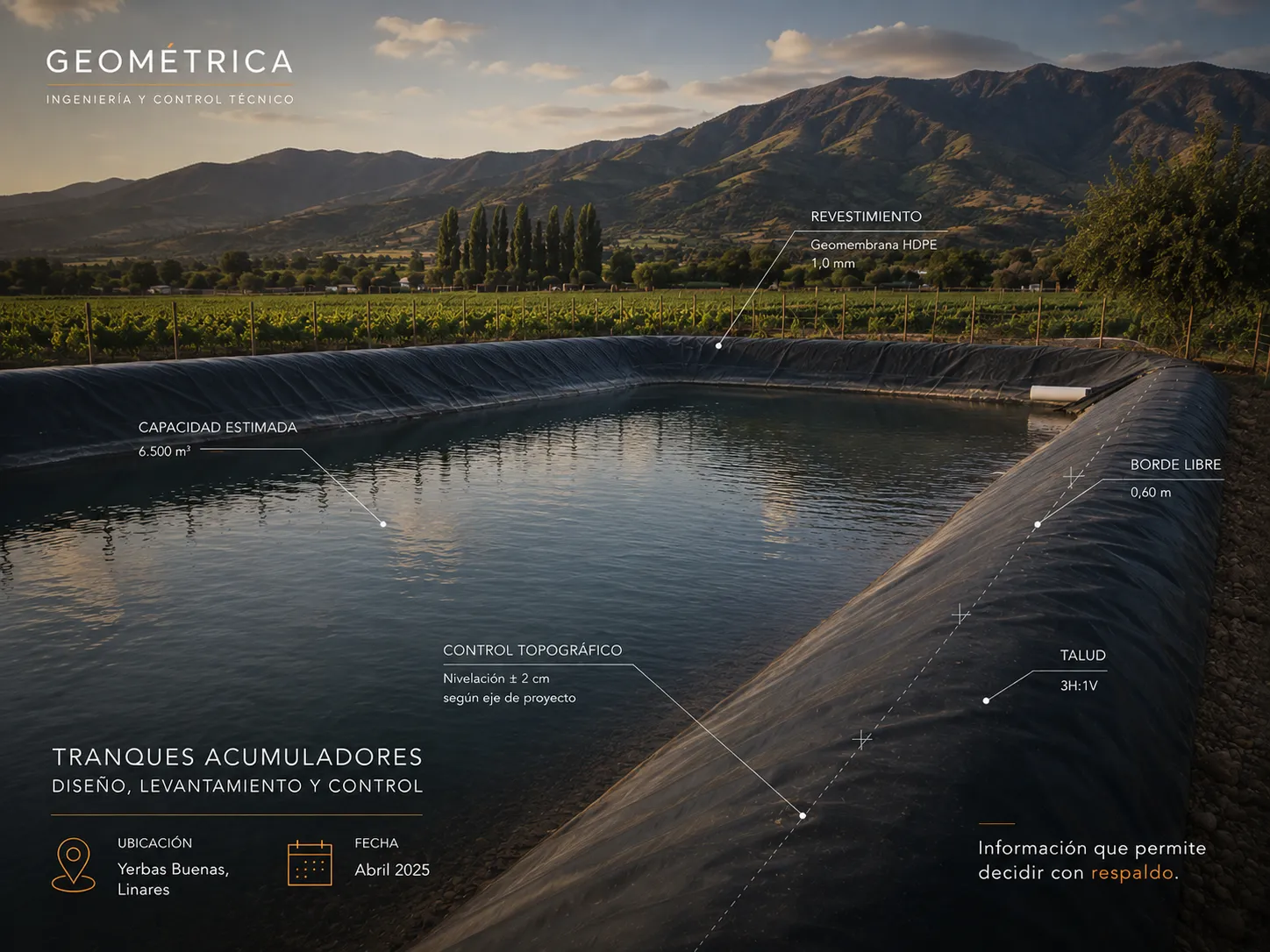 Levantamiento, diseño y ejecución de tranque acumulador de agua, para agricultura